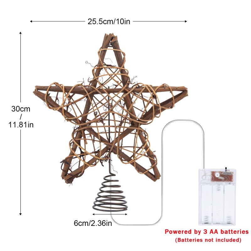 LAWOHO Christmas Tree Topper Farmhouse Christmas Decor Christmas Tree Decorations Rattan Natural Christmas Tree Star with 10 Warm LED Lights for Rustic Christmas Ornaments Holiday Seasonal Decoration 10 Inch - Image 2